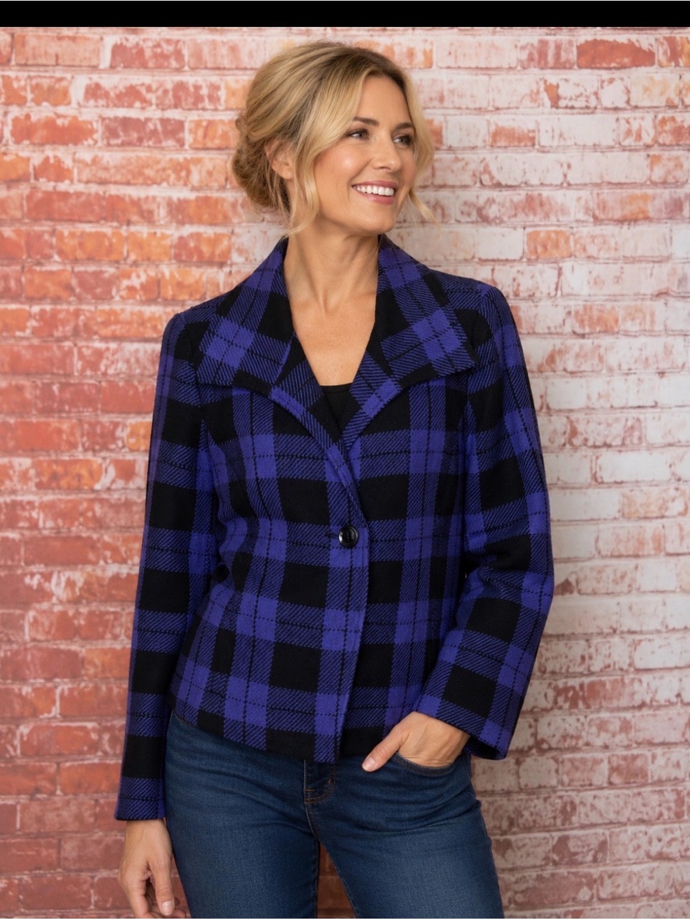 Evan-Picone Periwinkle Plaid Wool Blazer Jacket